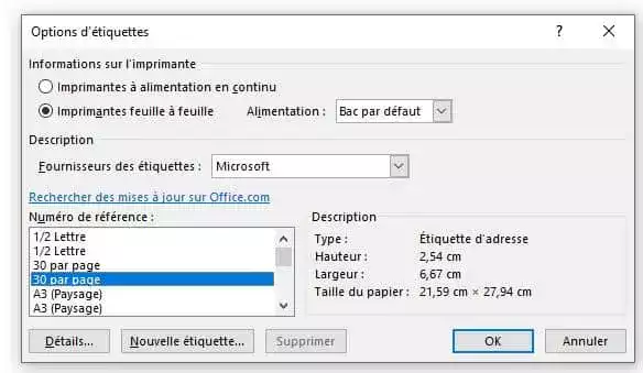 Options Etiquettes Publipostage