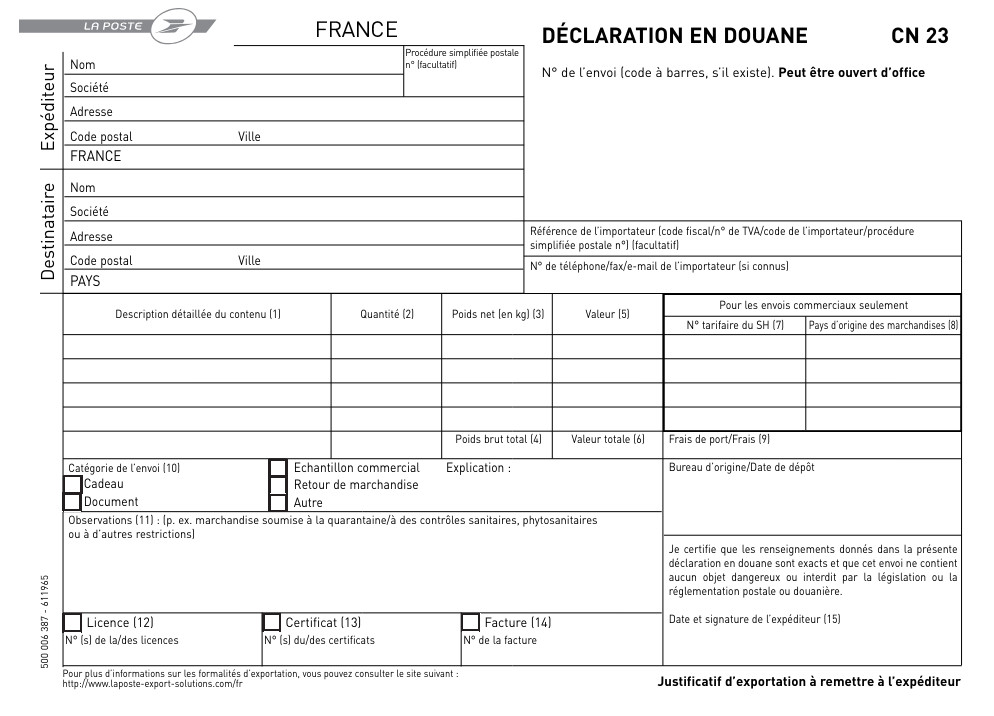 Déclaration de douane La Poste CN23